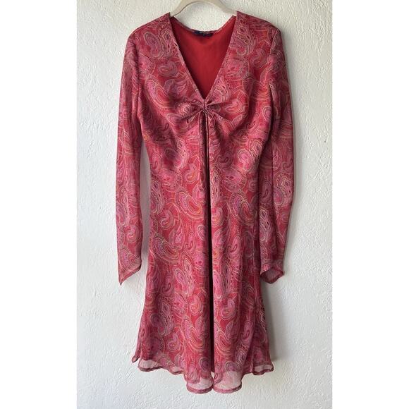 Y2K 90s Paisley Sheer Overlay Dress Long Sleeve Red Pink Boho Retro Size 9 - Picture 1 of 12
